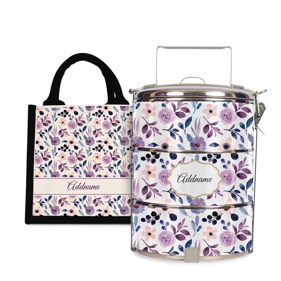 Laura Series - Violet - Lunch Tote Bag with Three-Tier Tiffin Carrier