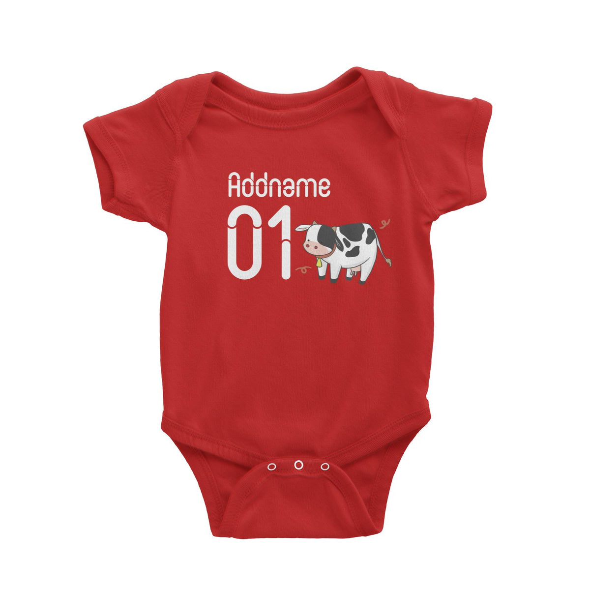 Name and Number Cute Hand Drawn Style Cow Baby Romper