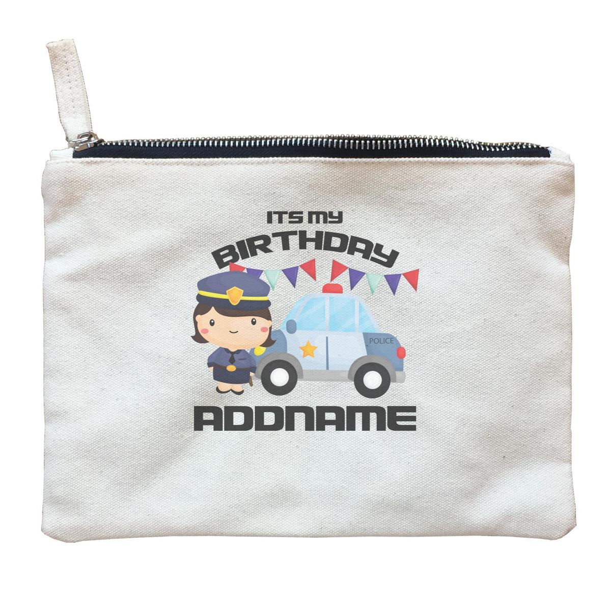 Birthday Police Officer Girl In Suit With Police Car Its My Birthday Addname Zipper Pouch