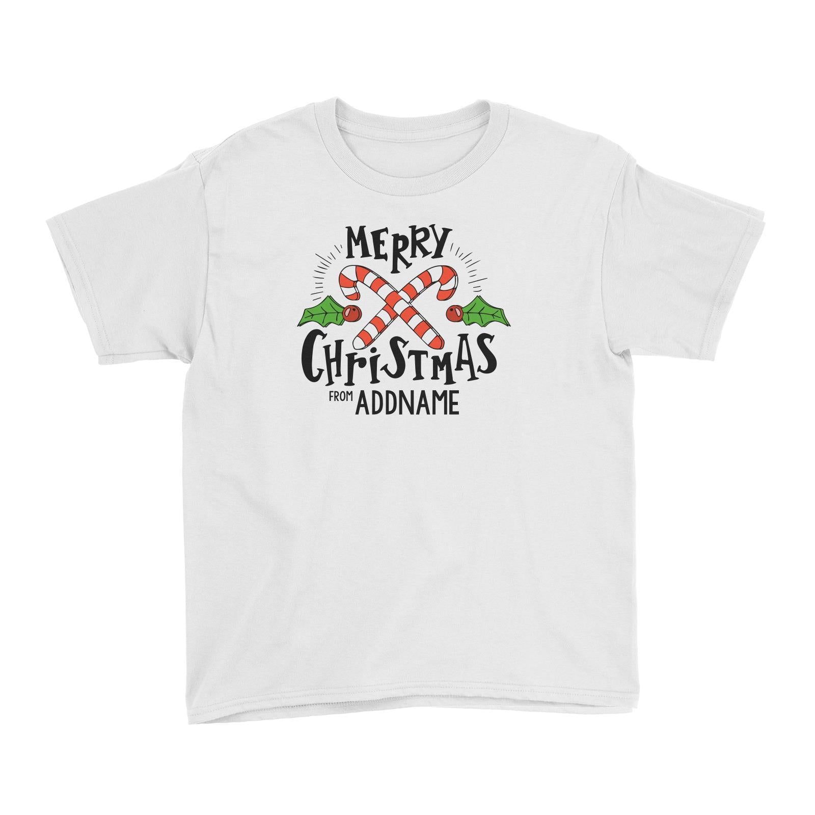 Merry Chrismas with Holly and Candy Cane Greeting Addname Kid's T-Shirt Christmas Matching Family Personalizable Designs Lettering