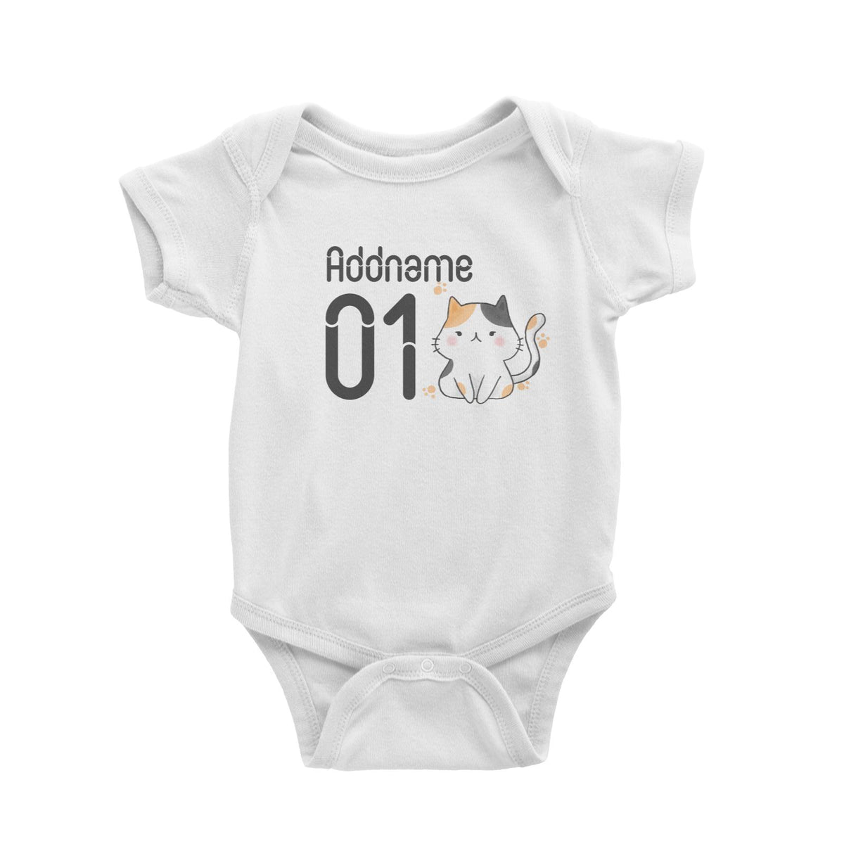 Name and Number Cute Hand Drawn Style Cat Baby Romper