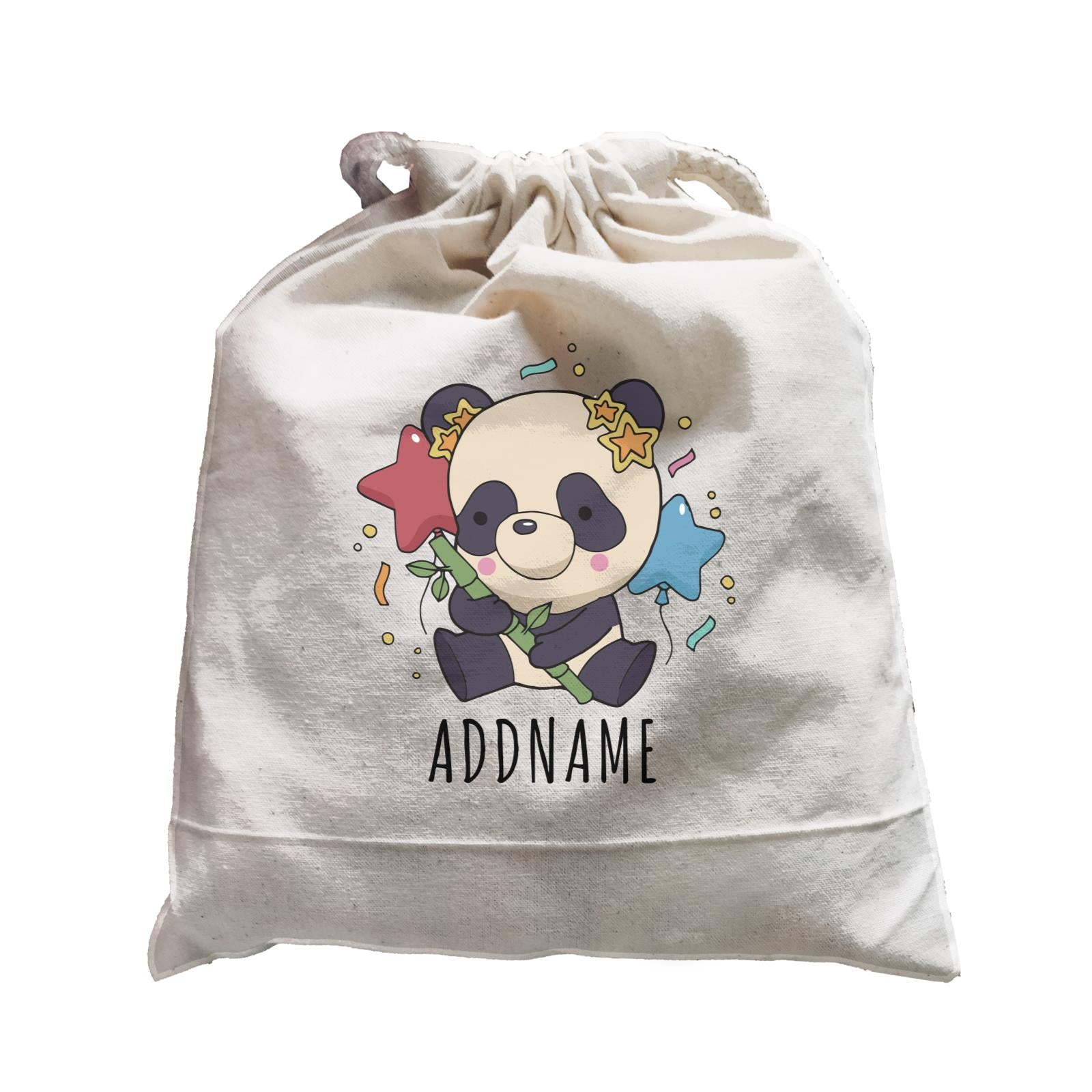 Birthday Sketch Animals Panda with Party Hat Holding Bamboo Addname Satchel