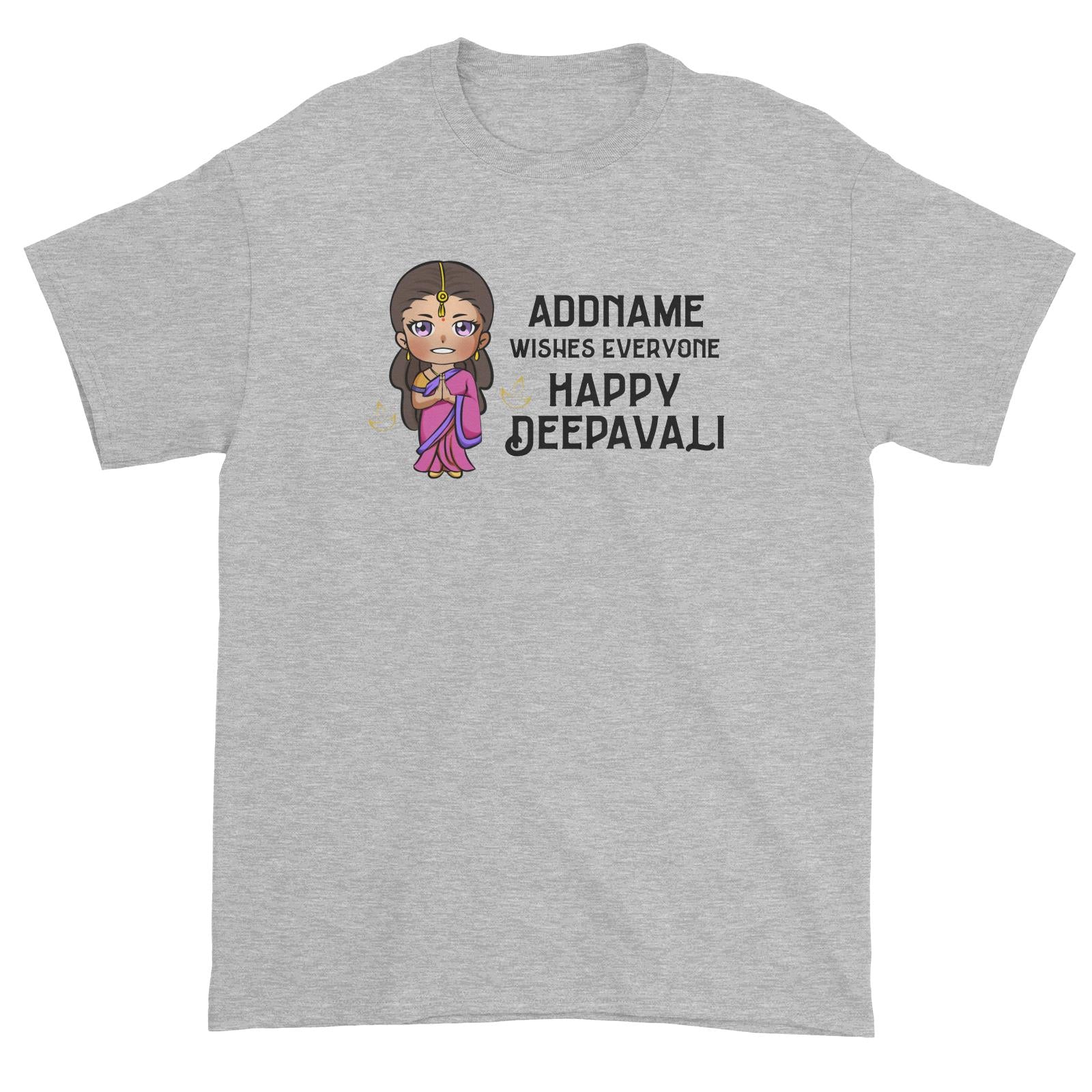 Deepavali Chibi Woman Front Addname Wishes Everyone Deepavali Unisex T-Shirt Deepavali Series Personalizable Designs