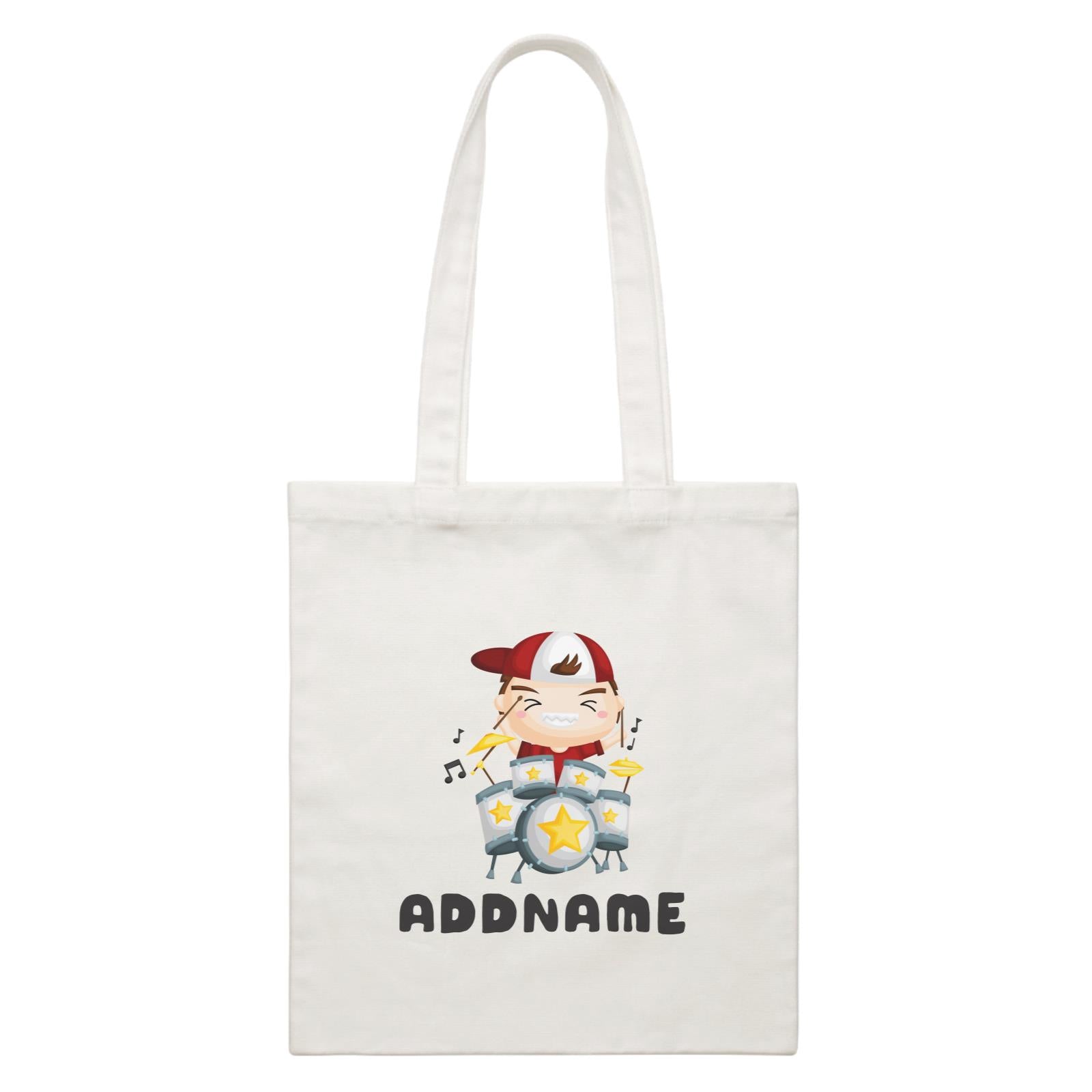 Birthday Music Band Boy Playing Drums Addname White Canvas Bag