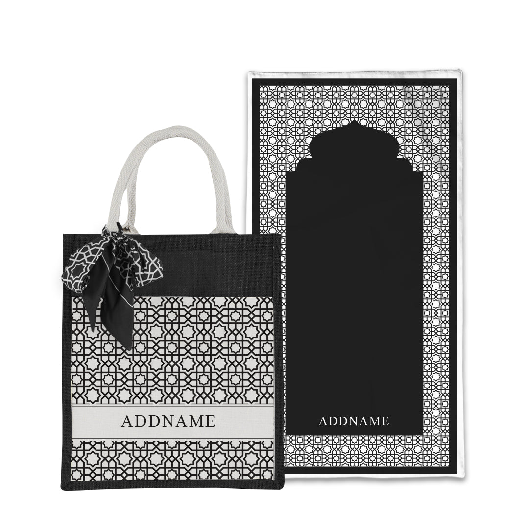 Annas Series - Black Prayer Mat with Matching Colourful Jute Bag