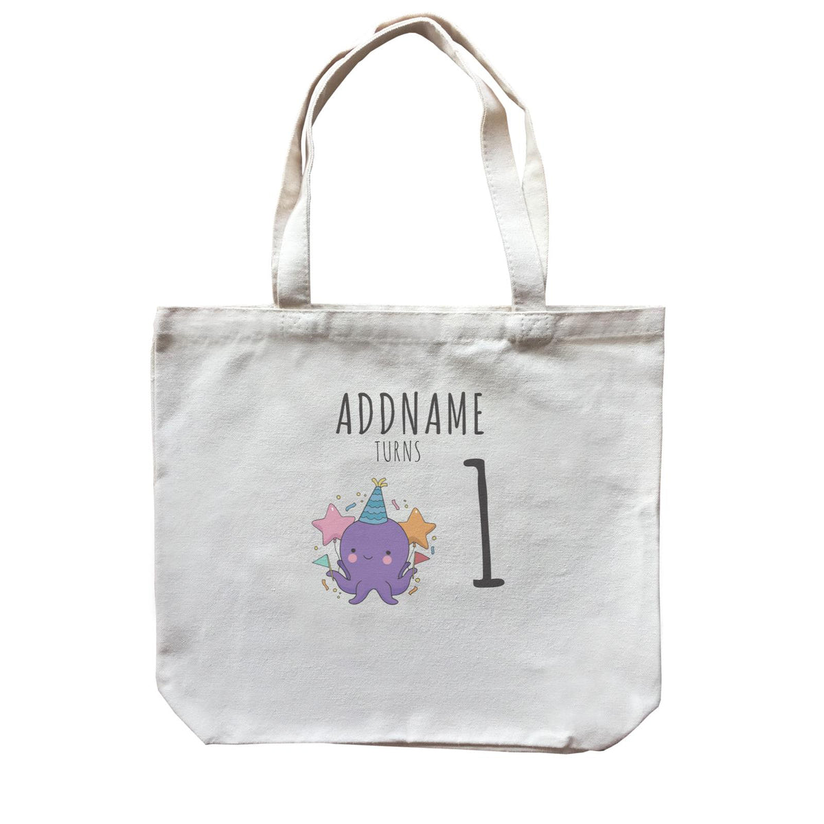 Birthday Sketch Animals Octopus with Flags Addname Turns 1 Canvas Bag