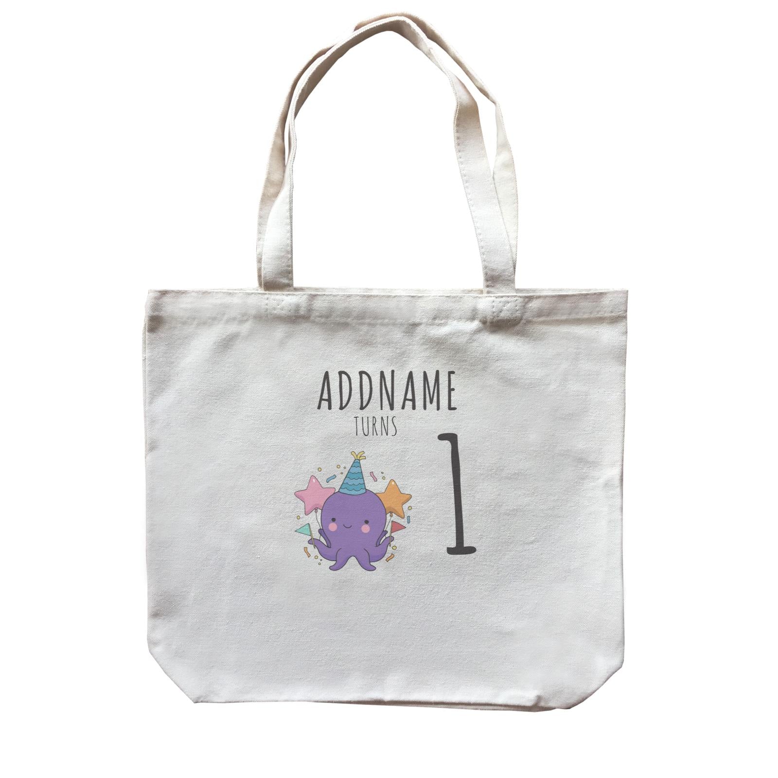 Birthday Sketch Animals Octopus with Flags Addname Turns 1 Canvas Bag