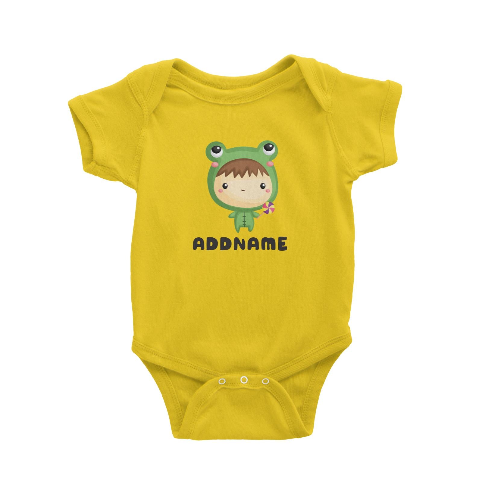 Birthday Frog Baby Boy Wearing Frog Suit Holding Lolipop Addname Baby Romper