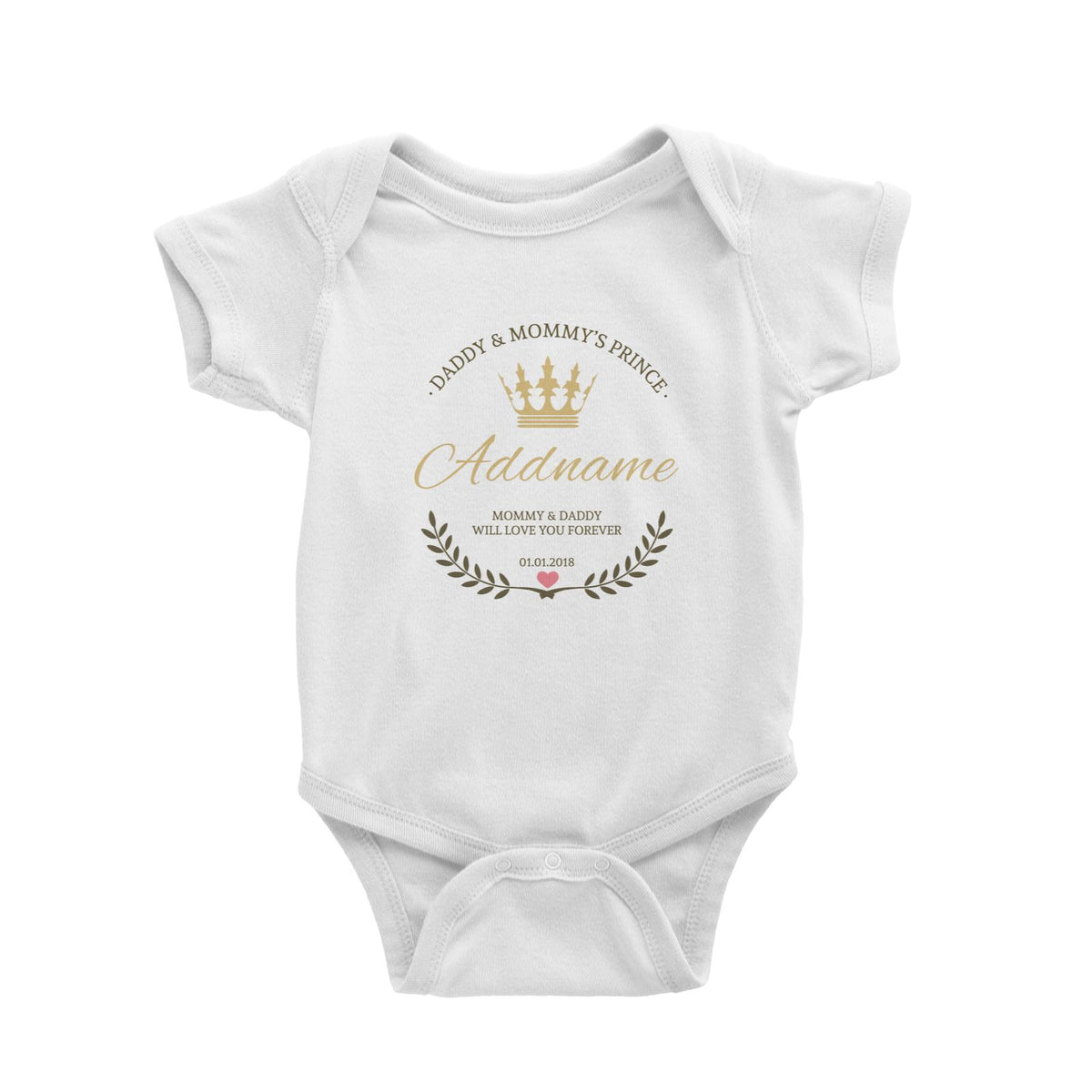 Daddy and Mommy&#39;s Prince with Crown Wreath Personalizable with Name Text and Date Baby Romper