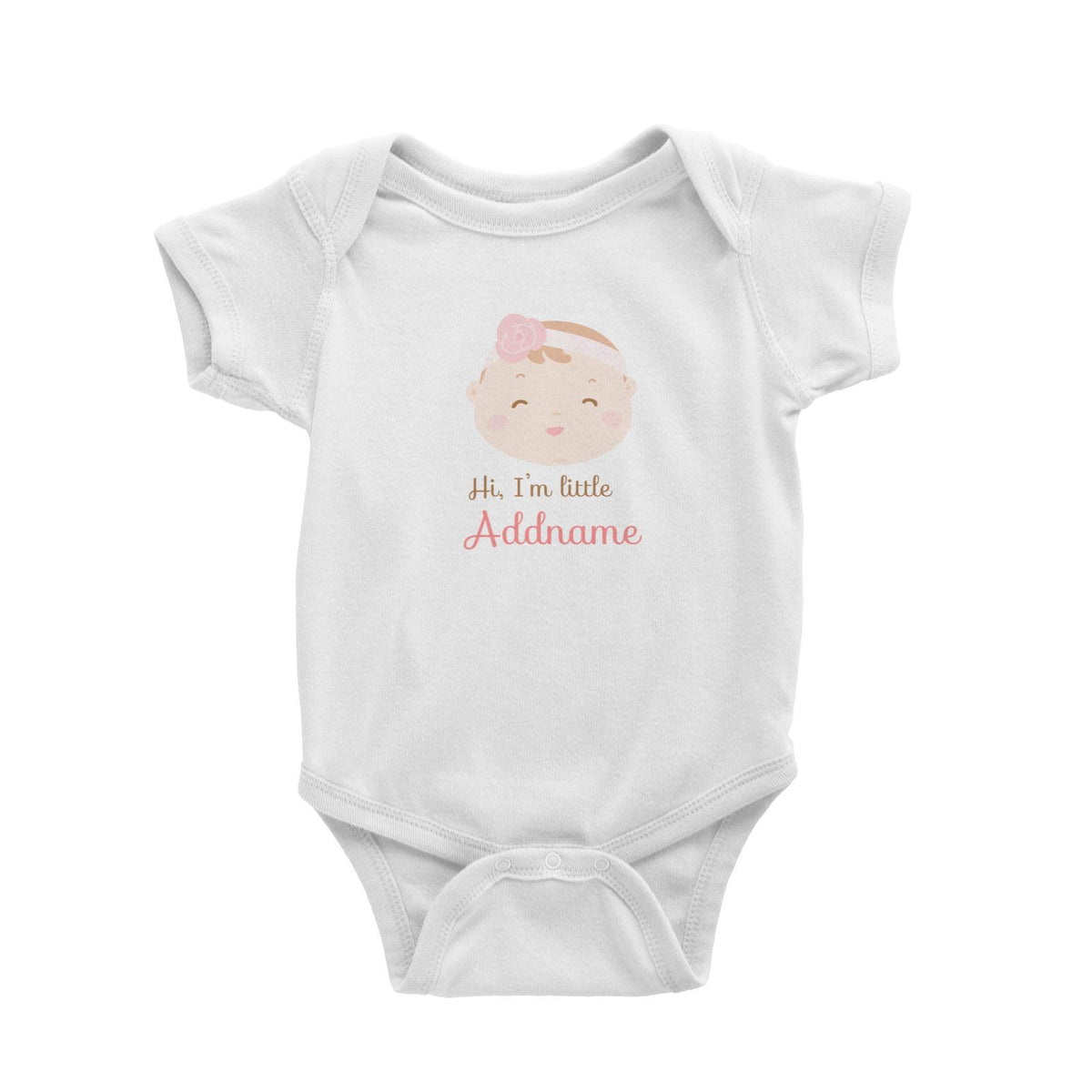 Cute Baby Girl with Flower Band Hi I Am Little Addname Baby Romper