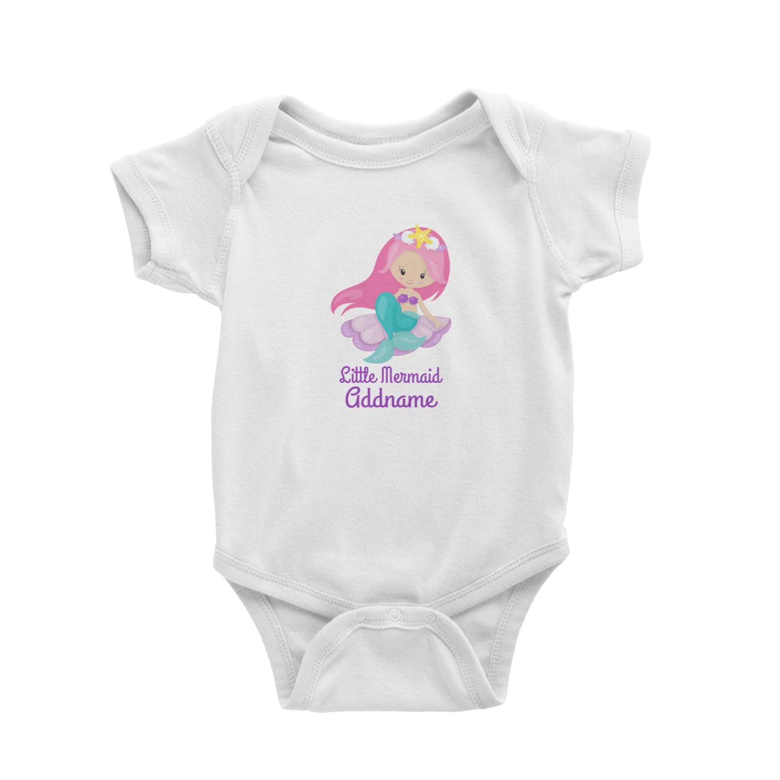 Little Mermaid Sitting Down on Big Seashell Addname White Baby Romper