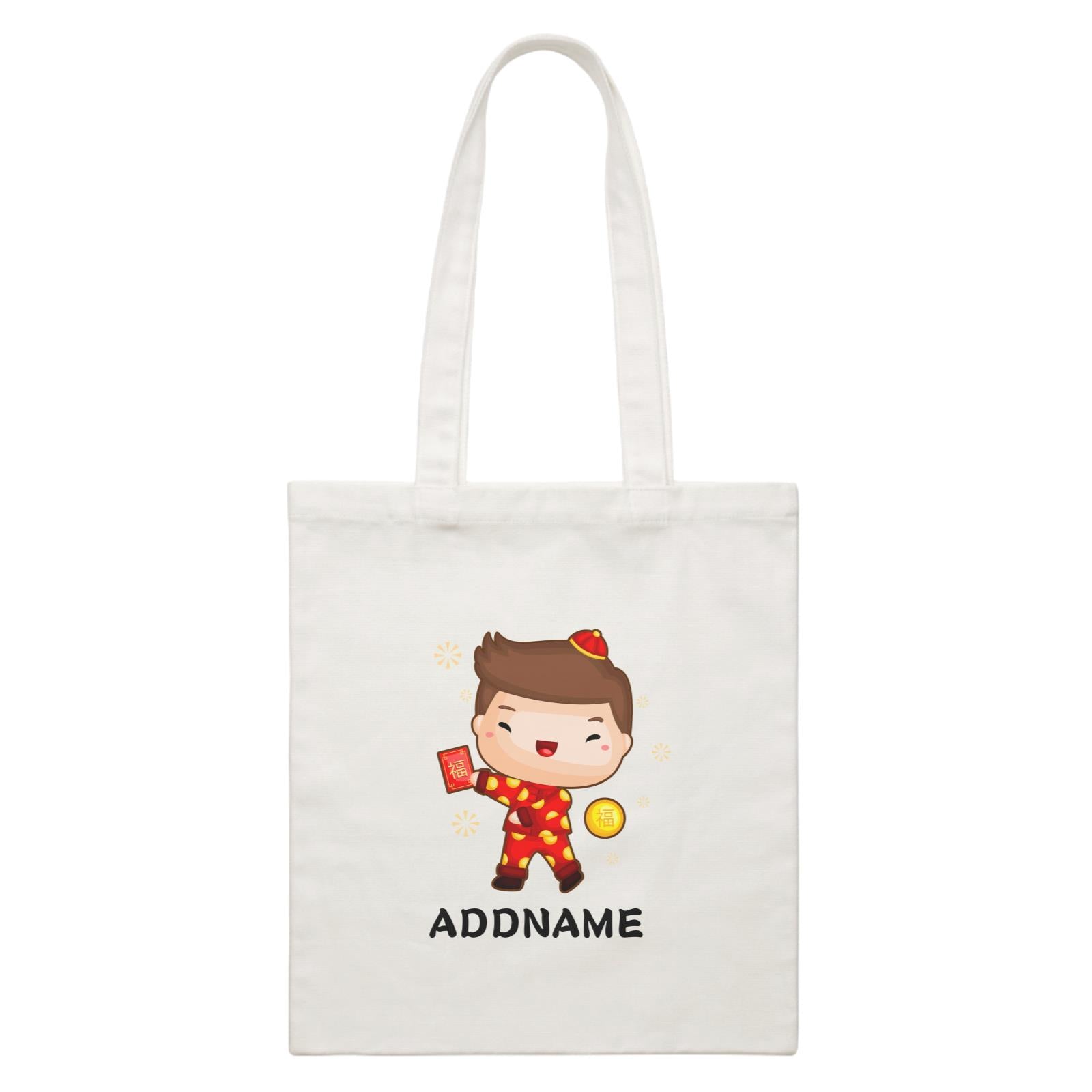 Cute CNY Boy with Red Packet and Happiness Symbol White Canvas Bag