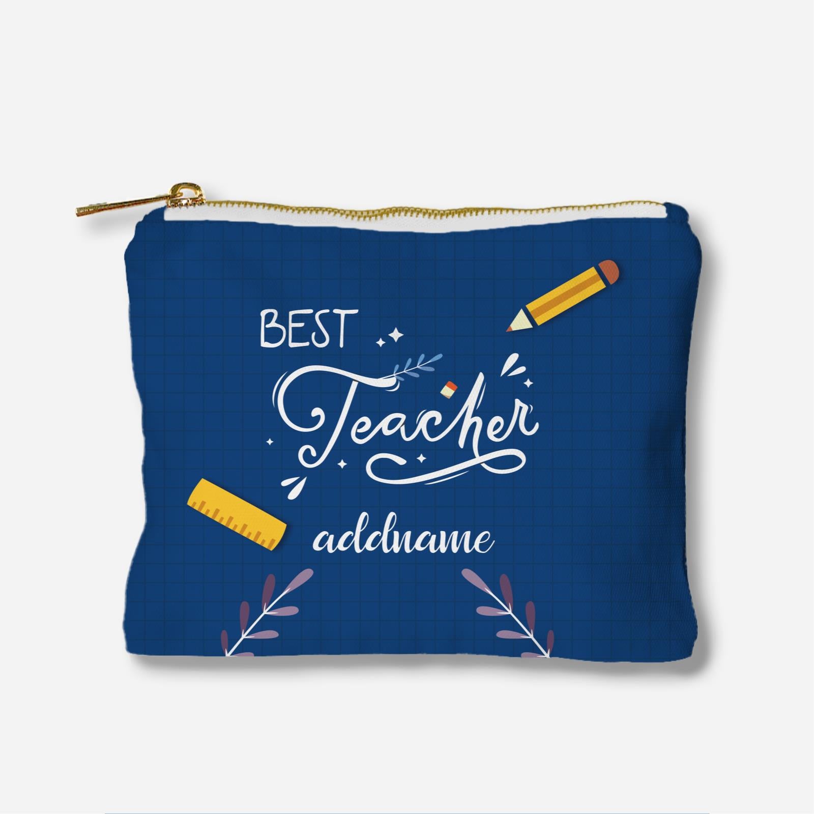 Navy Blue Best Teacher With Floral Elements Full Print Zipper Pouch