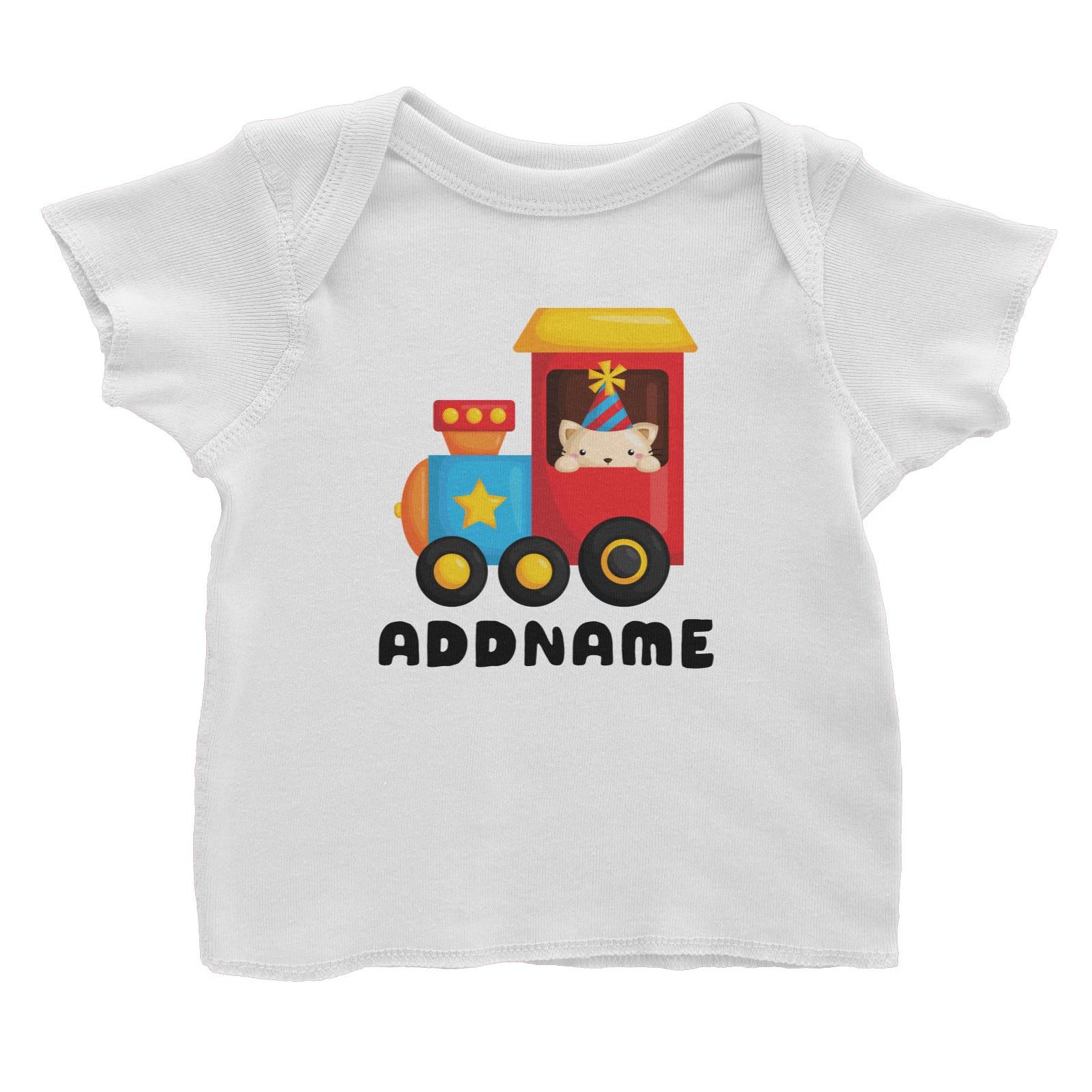 Birthday Fun Train Cat Wearing Party Hat Addname Baby T-Shirt