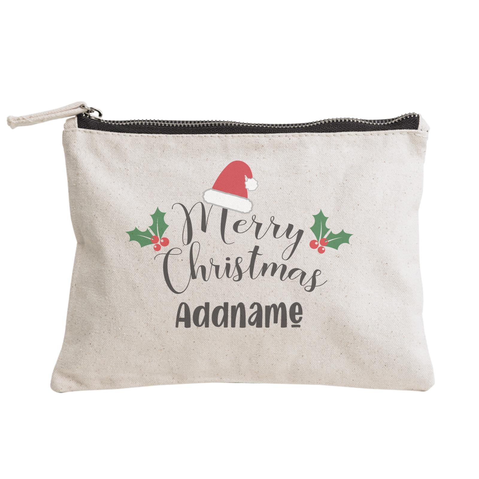 Christmas Series Merry Christmas with Santa Hat and Holly Zipper Pouch