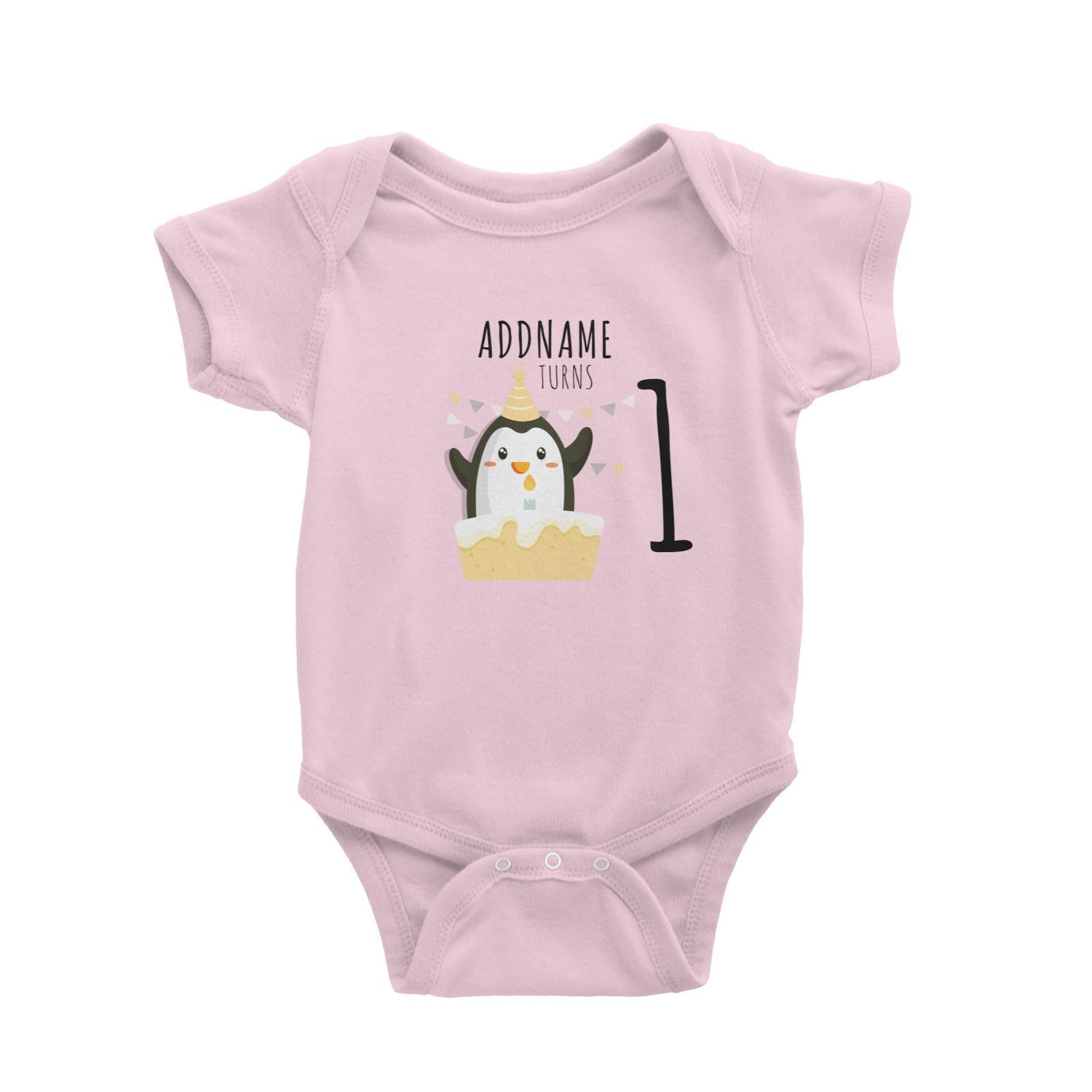 Birthday Cute Penguin And Cake Addname Turns 1 Baby Romper