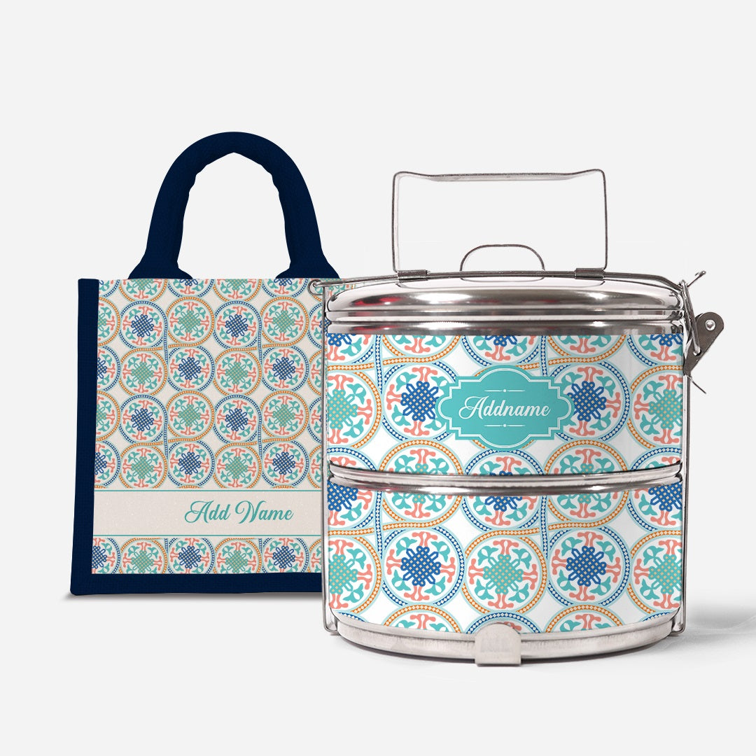 Moroccan Series Standard Two Tier Tiffin With Half Lining Lunch Bag  - Chahid Navy