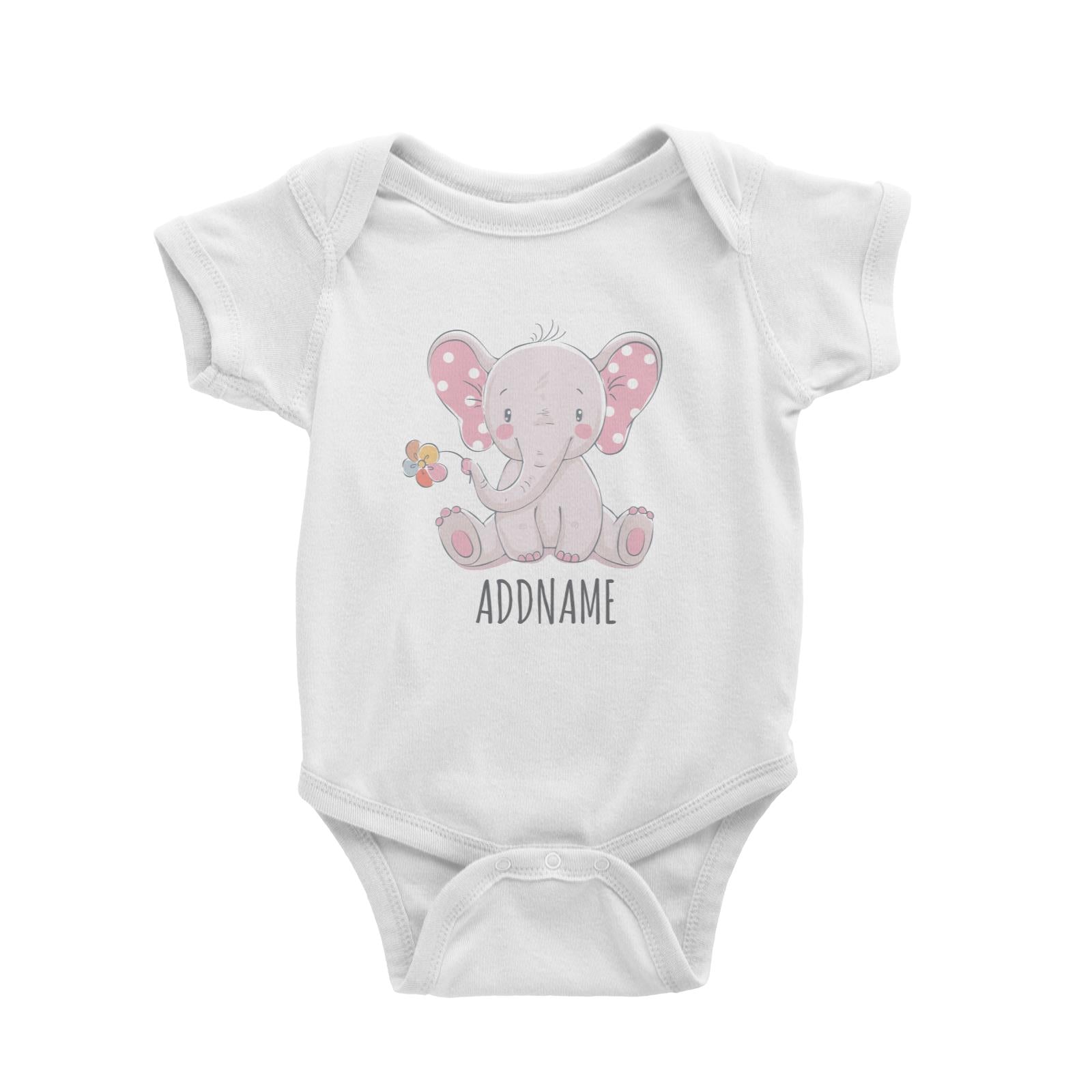 Sitting Girl Elephant with Flower White Baby Romper Personalizable Designs Cute Sweet Animal For Girls Pinky Newborn HG