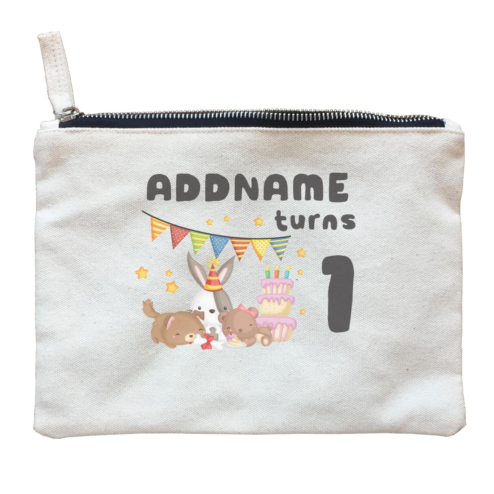 Birthday Friendly Animals Rabbit Bear And Dog Party Eating Cake Addname Turns 1 Zipper Pouch
