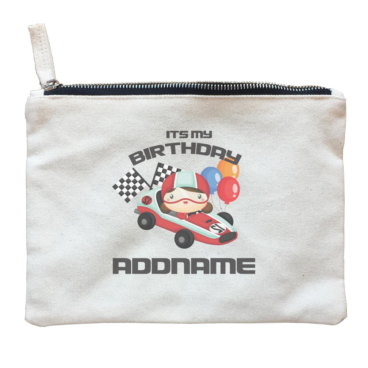 Birthday Cars Race Racer Girl With Racing Cars Its My Birthday Addname Zipper Pouch