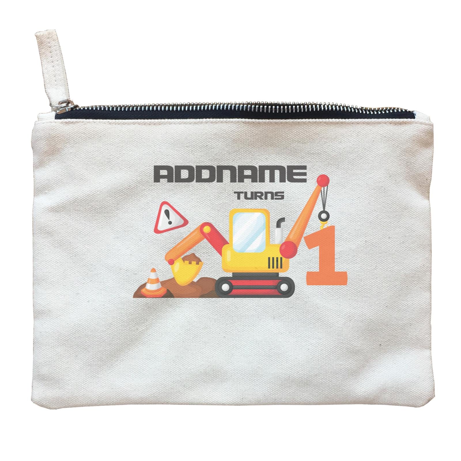 Birthday Construction Excavator Addname Turns 1 Zipper Pouch