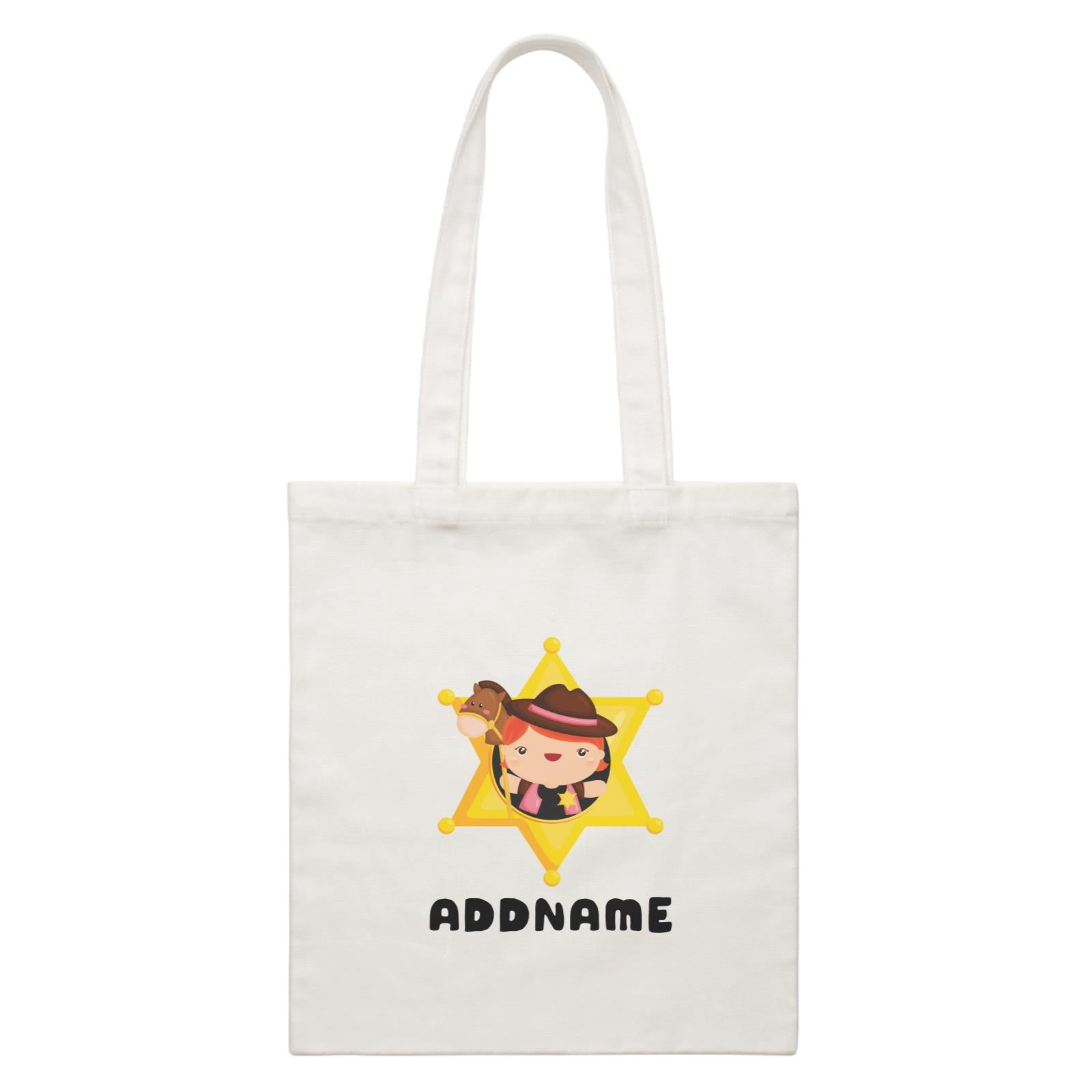 Birthday Cowboy Style Little Cowgirl Holding Toy Horse In Star Badge Addname White Canvas Bag