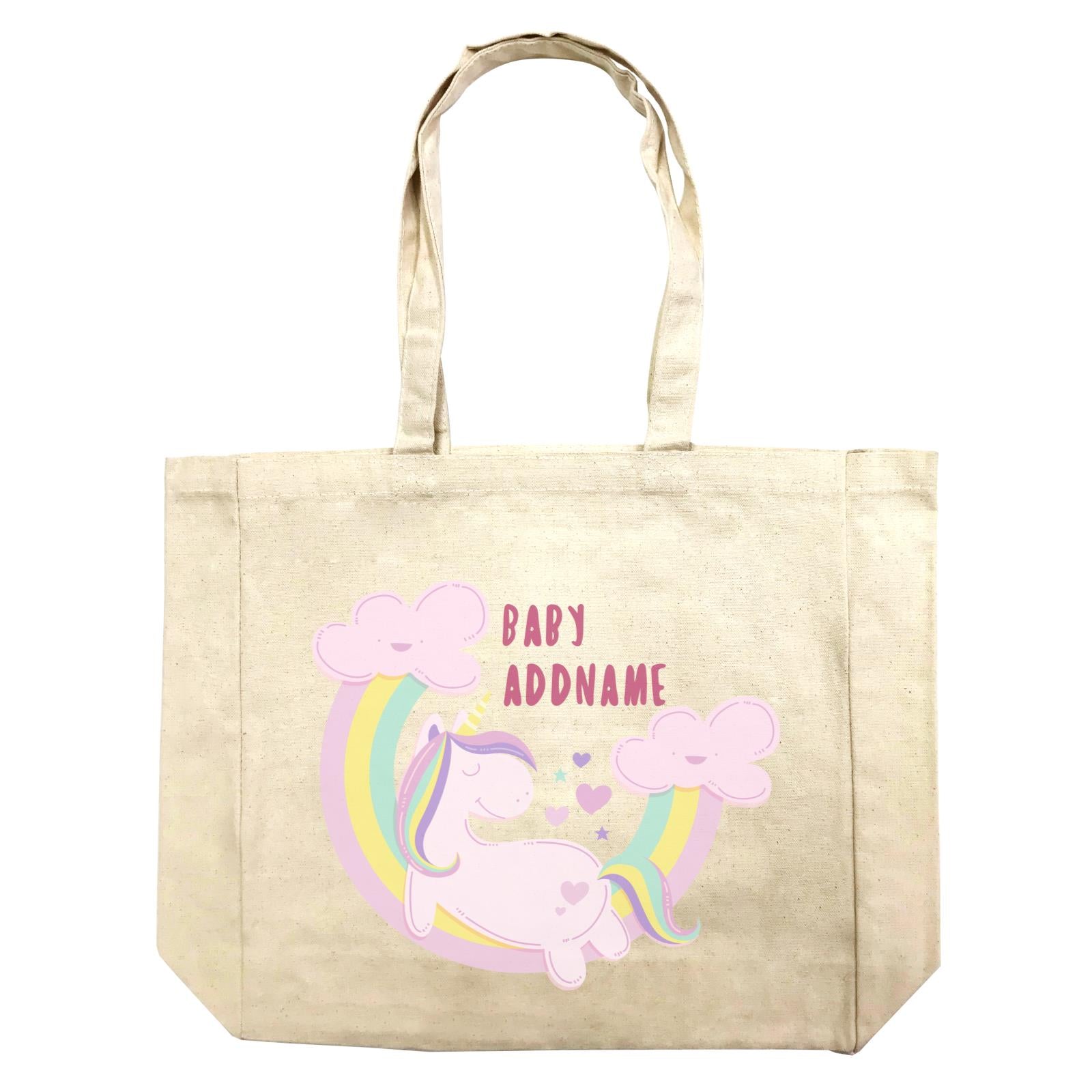 Pink Unicorn On Rainbow with Baby Addname Shopping Bag