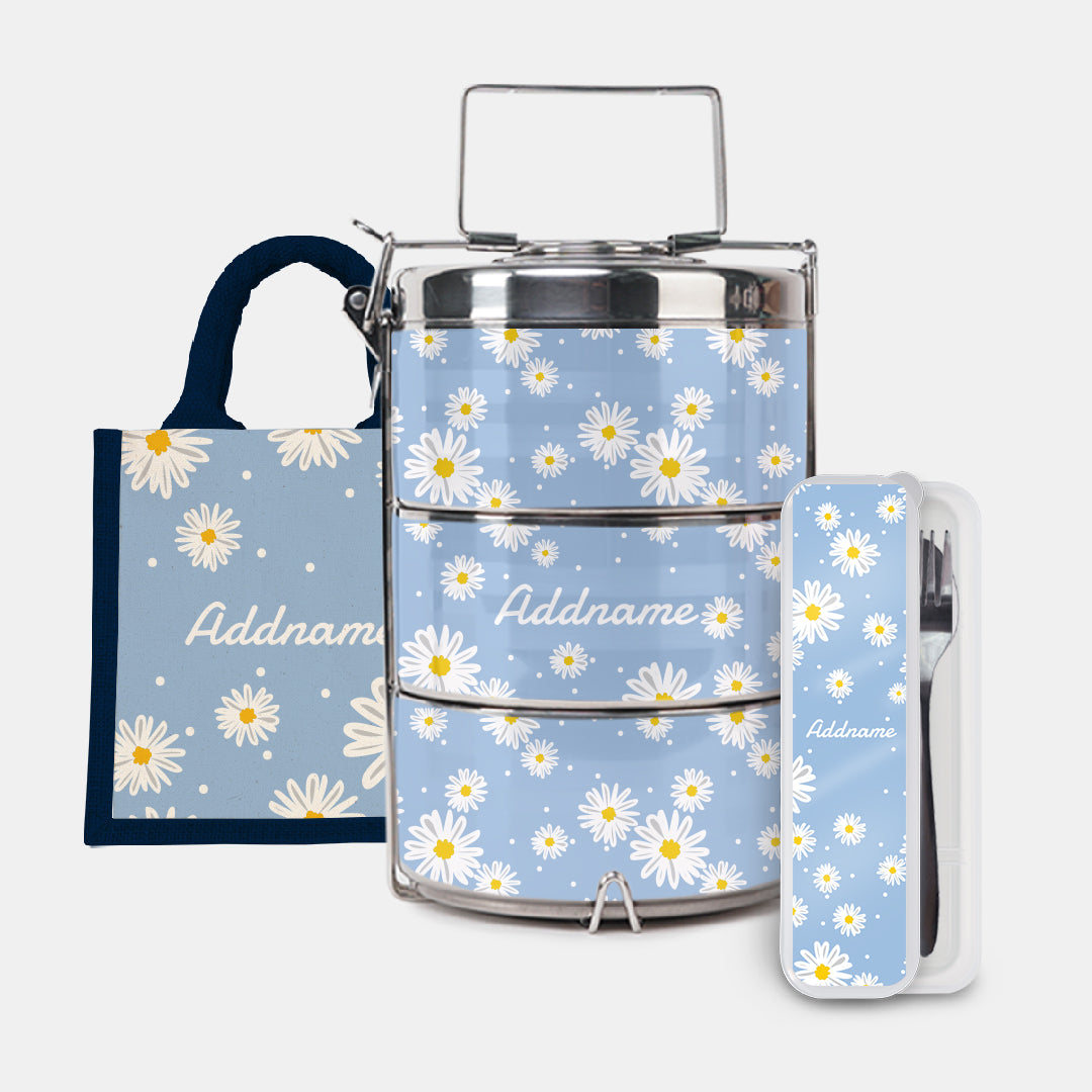 Daisy Series Half Lining Lunch Bag, Premium Tiffin Carrier And Cutlery Set - Frost Navy
