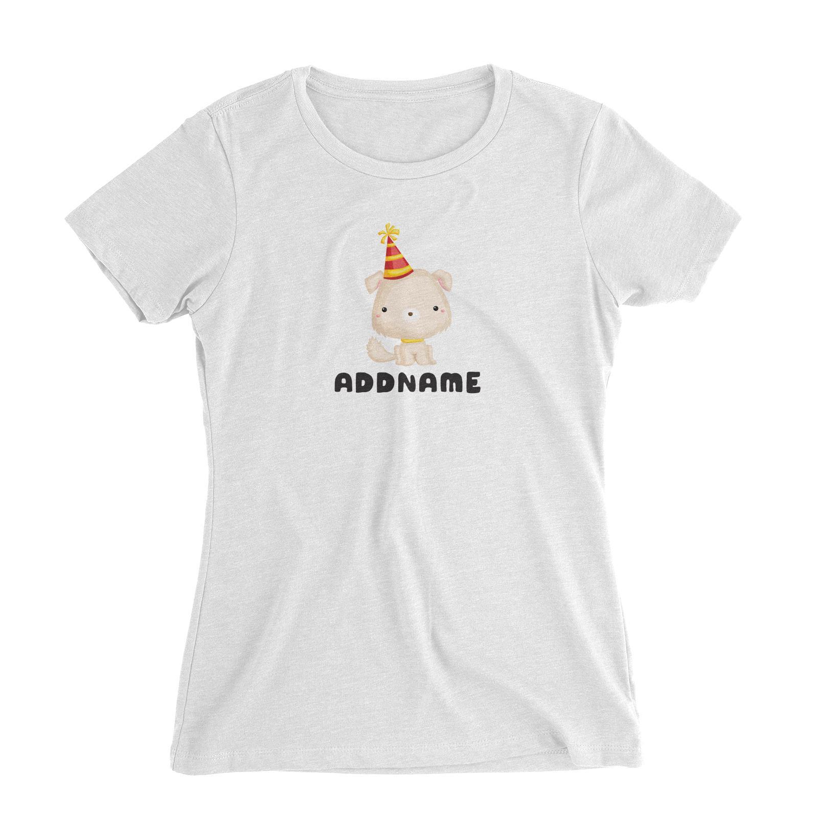Birthday Friendly Animals Happy Dog Wearing Party Hat Addname Women's Slim Fit T-Shirt