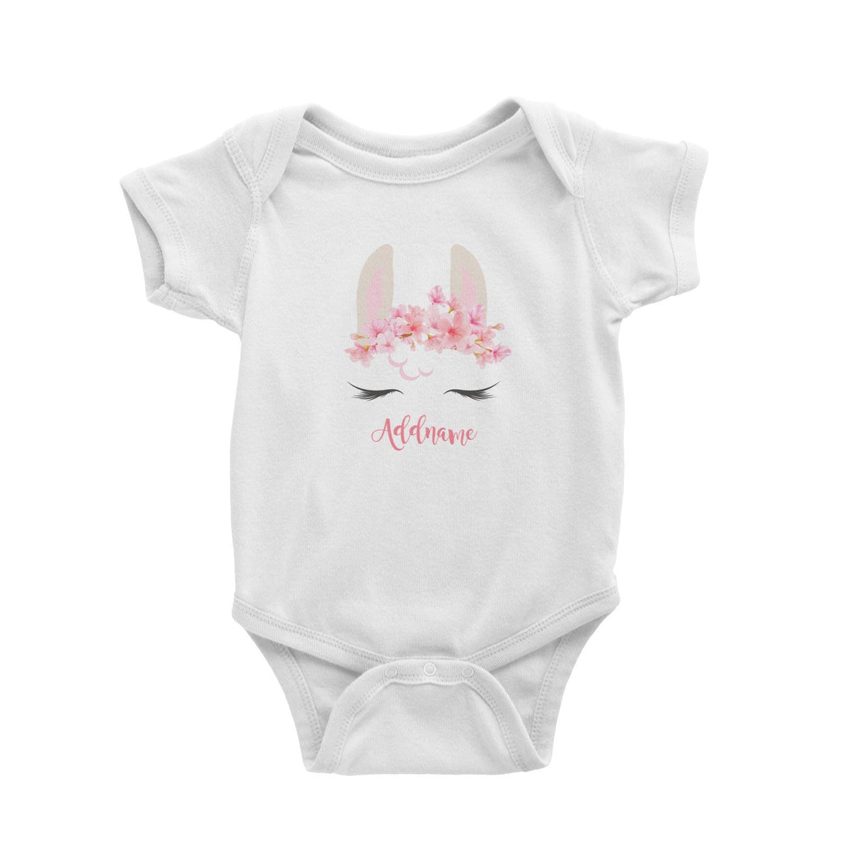 Pink Flower Garland Llama Face Addname Baby Romper