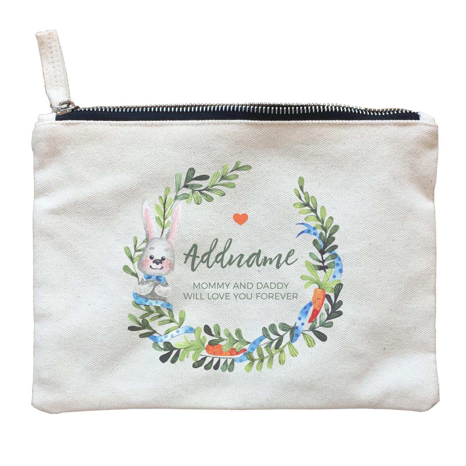 Watercolour Blue Rabbit and Carrots Wreath Personalizable with Name and Text Zipper Pouch