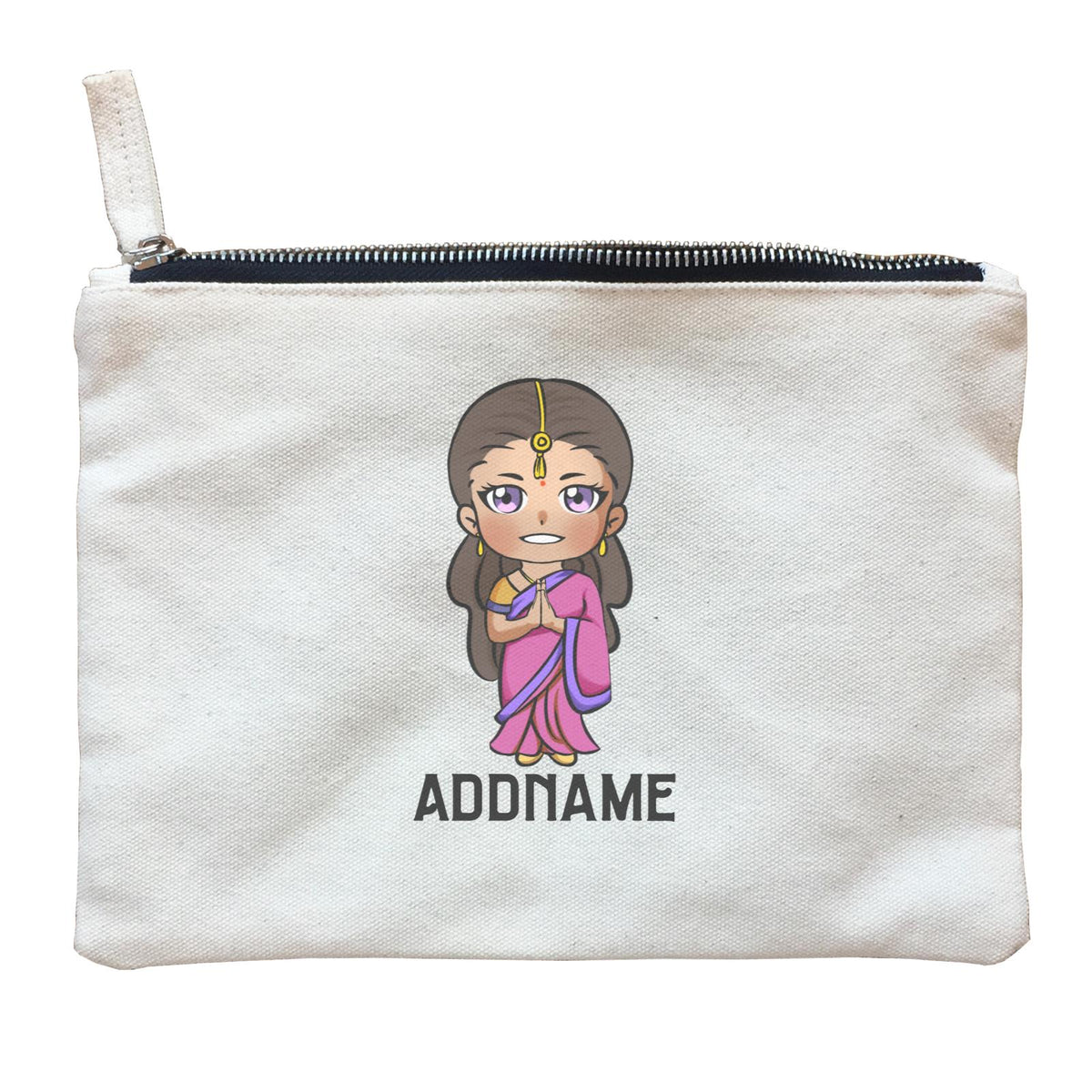 Deepavali Series Chibi Woman Front Addname Zipper Pouch