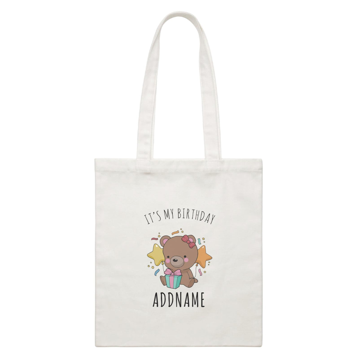 Birthday Sketch Animals Bear with Present It's My Birthday Addname White Canvas Bag