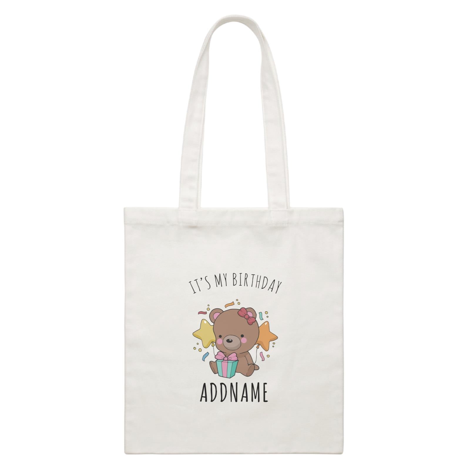 Birthday Sketch Animals Bear with Present It's My Birthday Addname White Canvas Bag