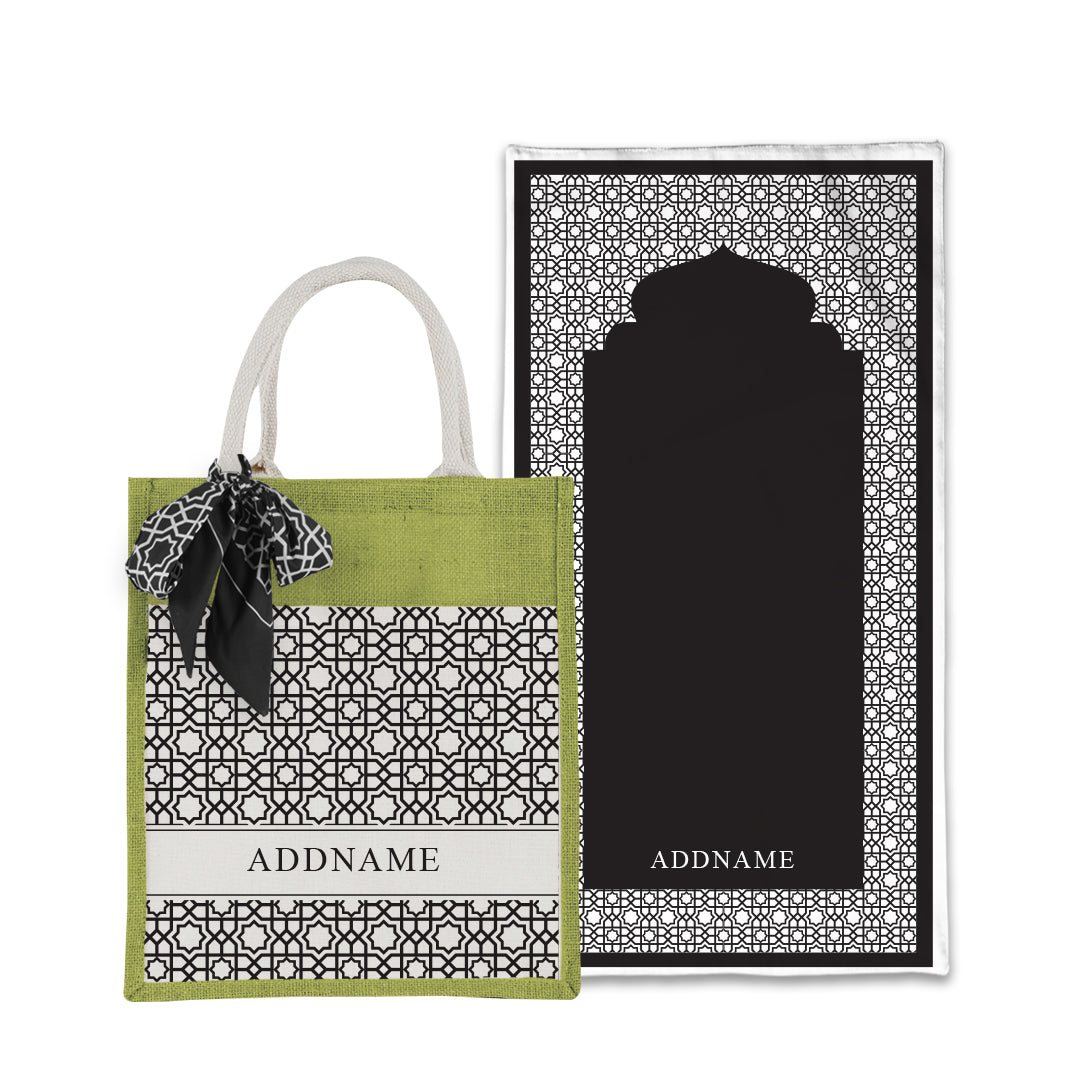 Annas Series - Black Prayer Mat with Matching Colourful Jute Bag