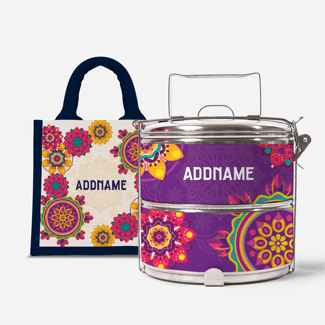 Pookal Series Standard Two Tier Tiffin with Half Lining Lunch Bag - Puukom Black