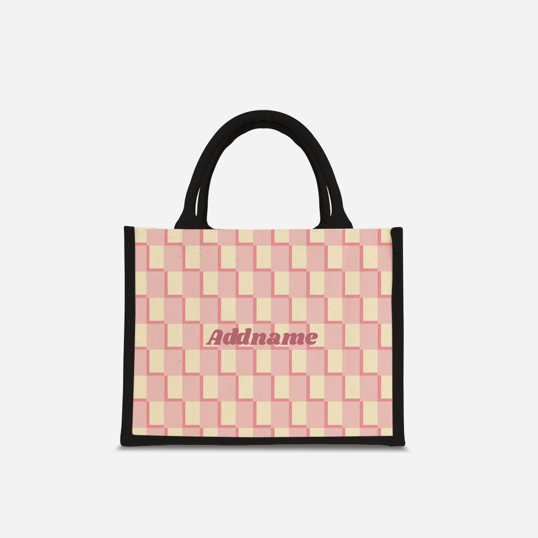 Checkered Series Half Lining Small Jute Bag - Pink Black
