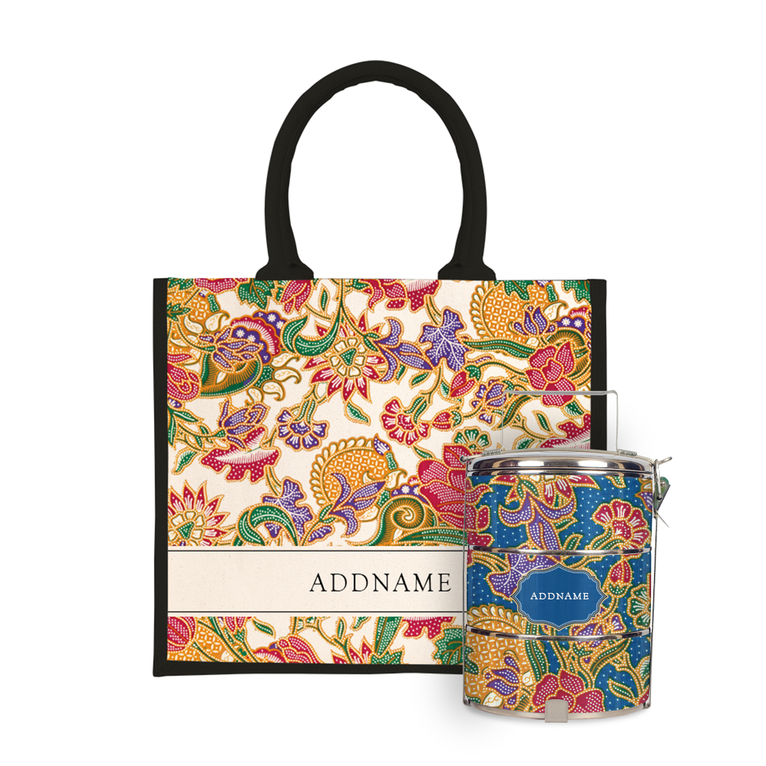 Batik Series - Kuntum Tiffin Carrier with Half Lining Jute Bag