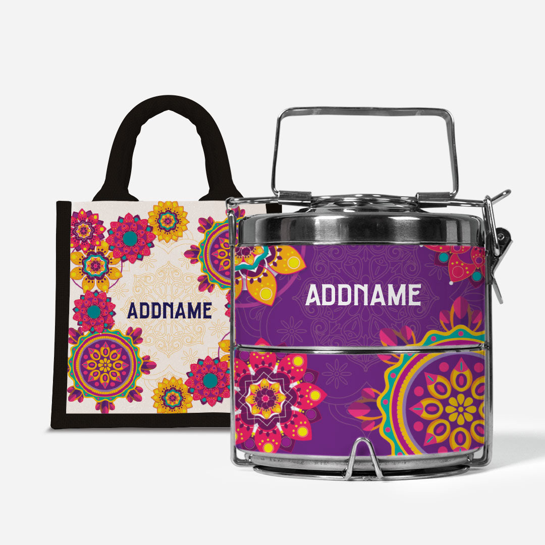 Pookal Series Premium Two Tier Tiffin with Half Lining Lunch Bag - Puukom Black