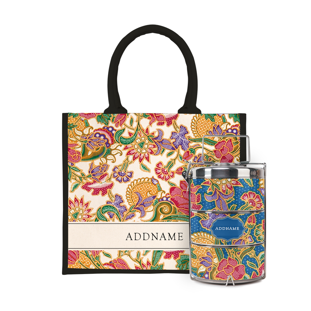 Batik Series - Kuntum Tiffin Carrier with Half Lining Jute Bag