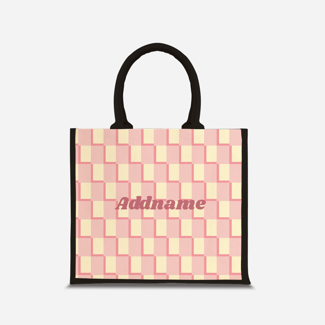 Checkered Series Half Lining Jute Bag - Pink Black