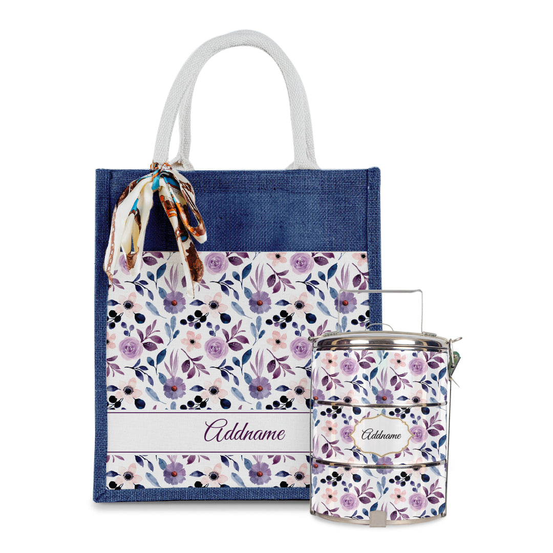 Laura Series - Violet Colorful Jute Bag with Front Pocket with Tiffin Carrier Set