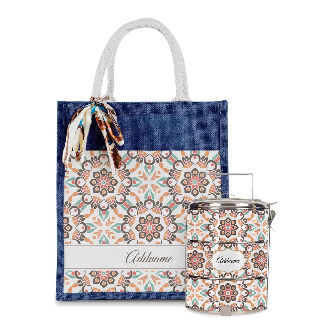 Arabesque Geo Brown Colourful Jute Bag with Tiffin Carrier Set