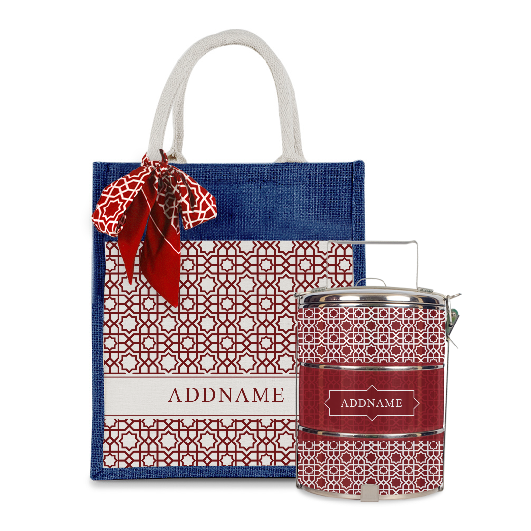Annas Series - Rouge Colorful Jute Bag with Front Pocket with Tiffin Carrier Set