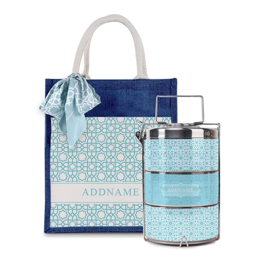 Annas Series - Sky Blue Colorful Jute Bag with Front Pocket with Tiffin Carrier Set