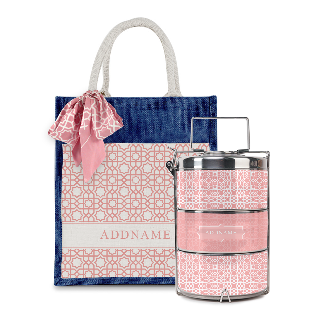 Annas Series - Pastel Peach Colorful Jute Bag with Front Pocket with Tiffin Carrier Set