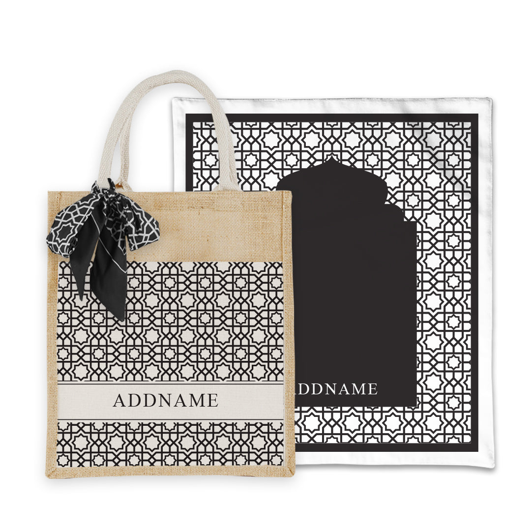 Annas Series - Black Prayer Mat with Matching Colourful Jute Bag