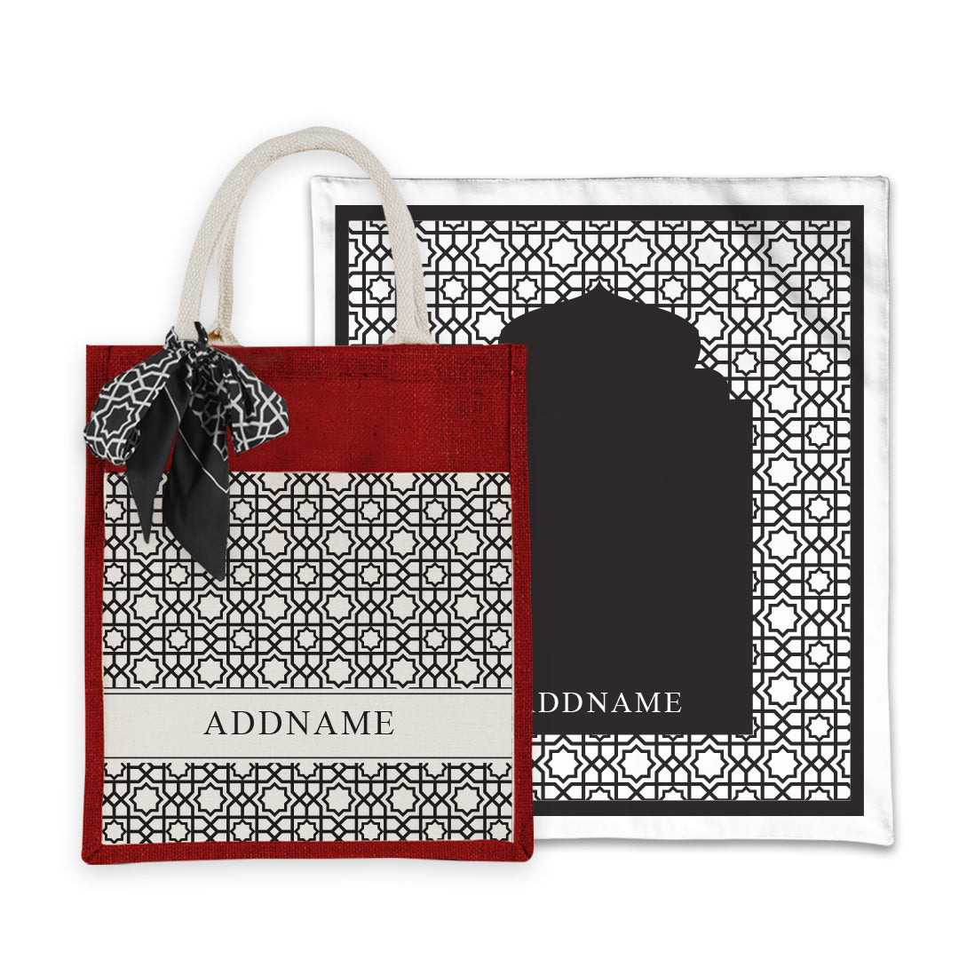 Annas Series - Black Prayer Mat with Matching Colourful Jute Bag
