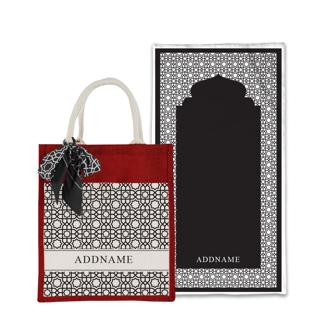 Annas Series - Black Prayer Mat with Matching Colourful Jute Bag