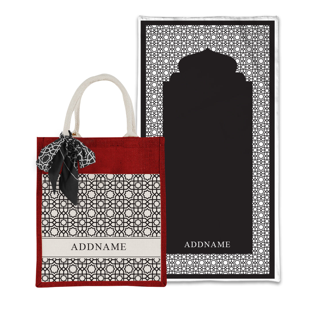 Annas Series - Black Prayer Mat with Matching Colourful Jute Bag
